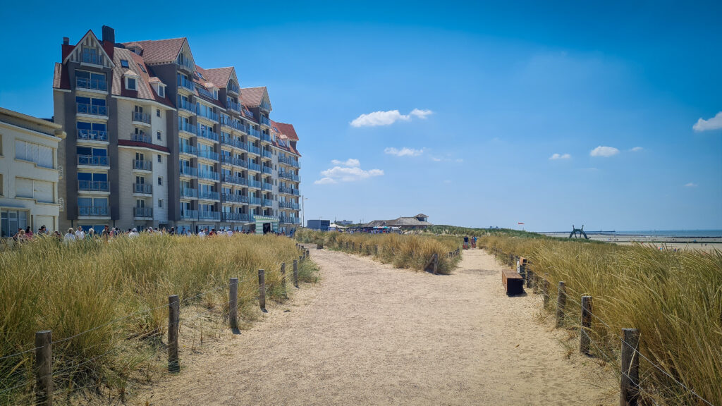 groene zeedijk westende - middelkerke - zitbank - helmgras - zand - gebouwen met zicht op zee